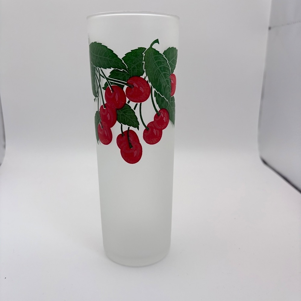 Vintage Frosted 7" Tom Collins Highball Tumbler Glass MCM Barware Red Cherries